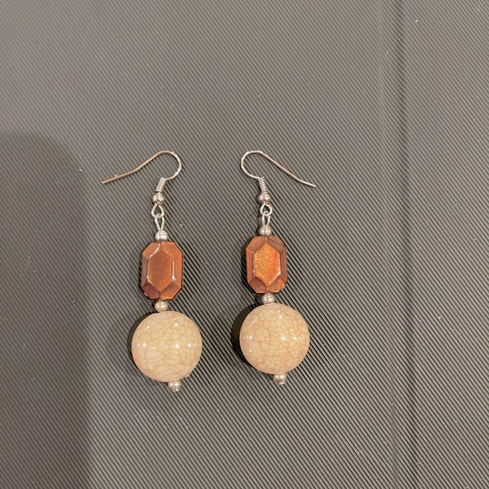 New hand made cream and brown glass pierced earrings.